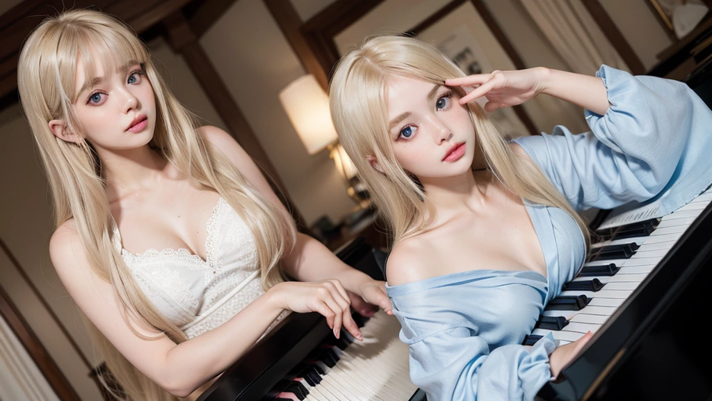 playing piano.silky shiny skin、22 year old cute sexy little beautiful face、Hair glows in front of a cute face、long silky bangs covering the eyes、pale light blue eyes、Young woman super long blonde shiny golden bright straight hair、with round face、Small face beauty、big eye、bright expression、The dress、Even big in clothes