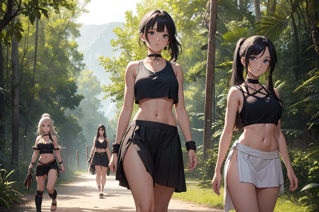 African warrior girl, black skin , dark skin , only girls , forest in the background ,five girls, sandals , multiple girls ,exposed belly, toned body, slim body, curves , black hair, light armor , knee pads, elbow pads,
