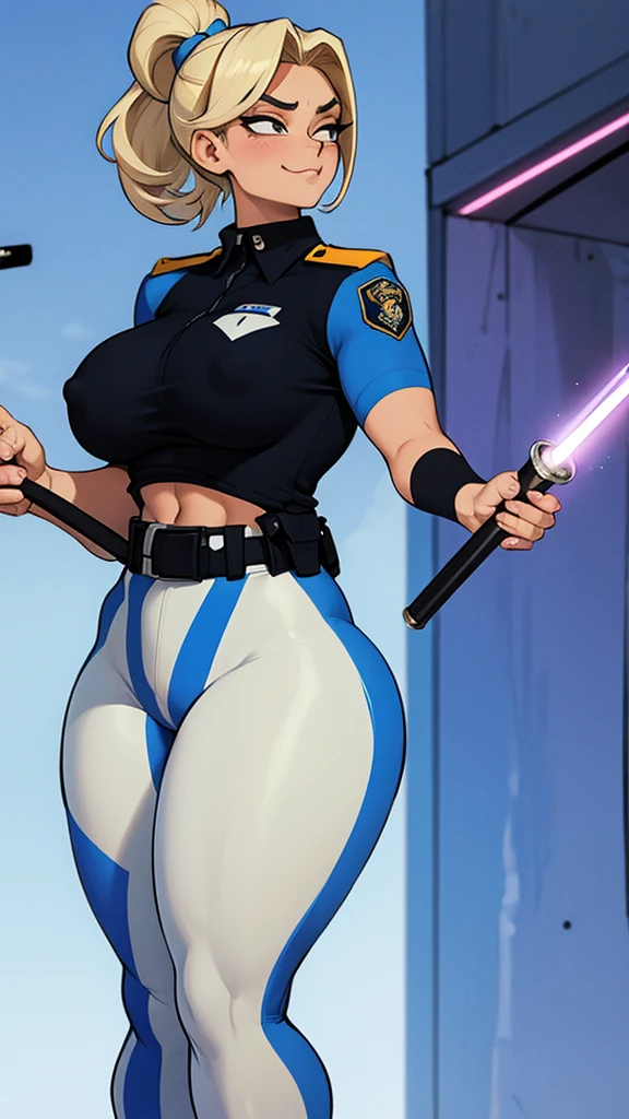 female police officer, milf, curvy, athletic, hair tied, police uniform, holding baton in hand, smug face 