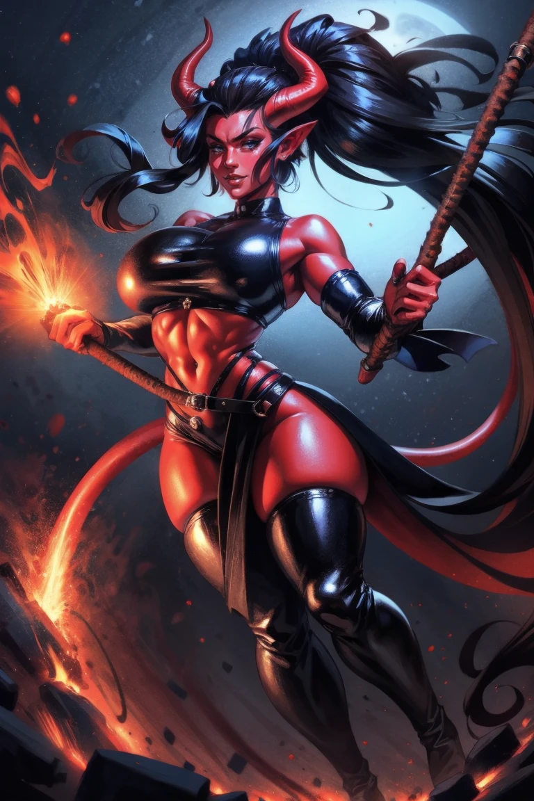Busty Red skin succubus tiefling, large breasts, black horns, wings, huge tail, black leather, crop top, long flowing pelvic curtain, tall, athletic, graceful, thin, long black ponytail. Action scene, whip. Dark scene, explosions, night sky.