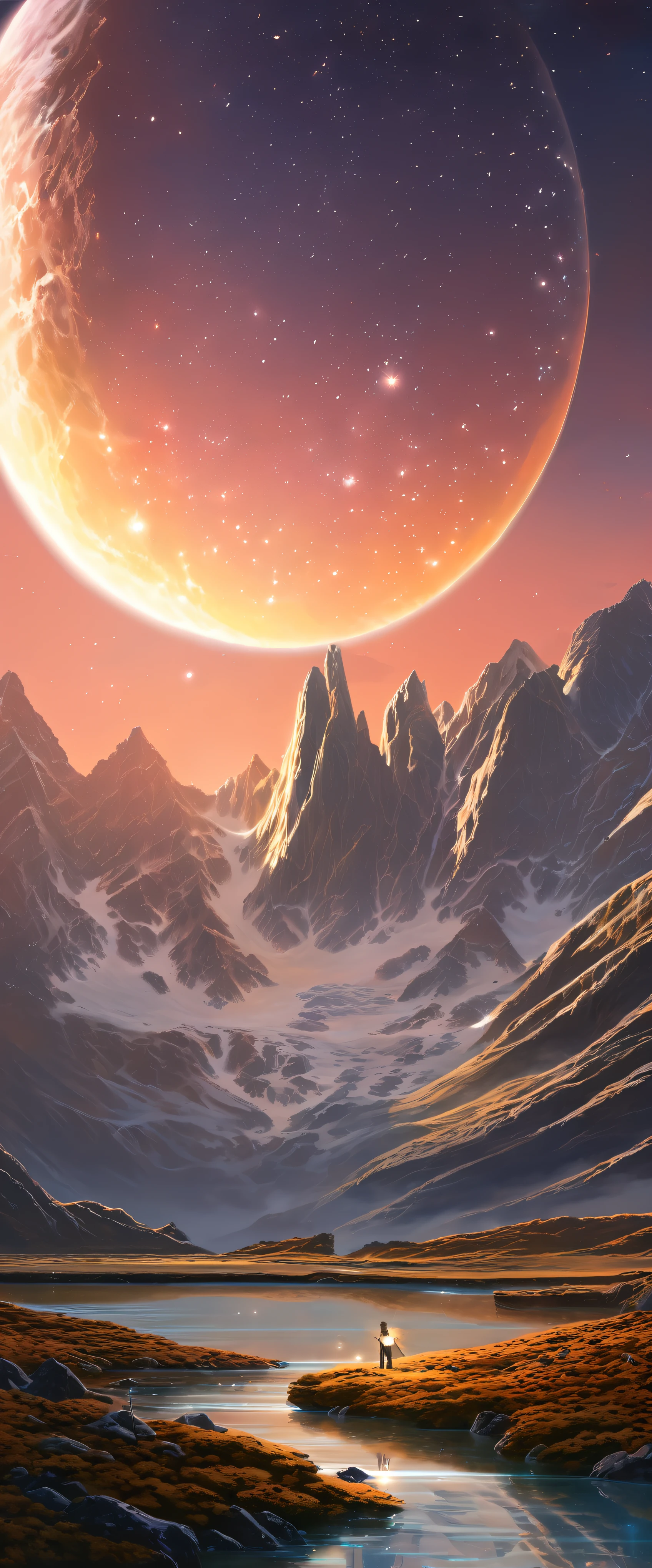 Starry Sky with Mountains and Lake, Jessica Rossier, Inspired by Jessica Rossier, Jessica Rossier Fantasy Art, Concept Art Magic Highlights, Official Artwork, Dream Painting, Ethereal Realm, Atmospheric artwork, dreamy matte paintings, serene endless stars inspired by Ted Nasmith, moonlit starry environments, epic music album covers.流れ星が大きな光の帯を描いている