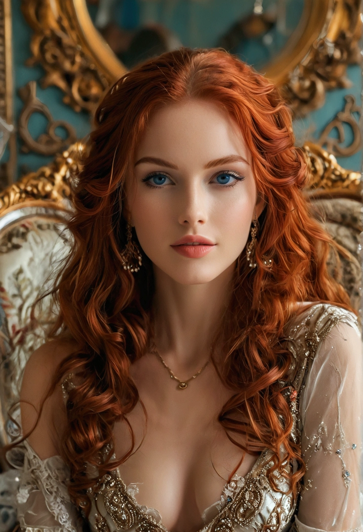 A mesmerizingly elegant woman, radiating beauty and confidence, gracefully poses for a selfie in a lavishly decorated room. Her long, flowing red hair frames a face with striking features - piercing blue eyes, flawless skin, and a captivating smile. The room's luxurious furnishings add to the opulence of the scene, with ornate furniture and intricate decor. This exquisite photograph captures the woman's allure and charm in a stunning display of high-quality imagery. Sexy girl