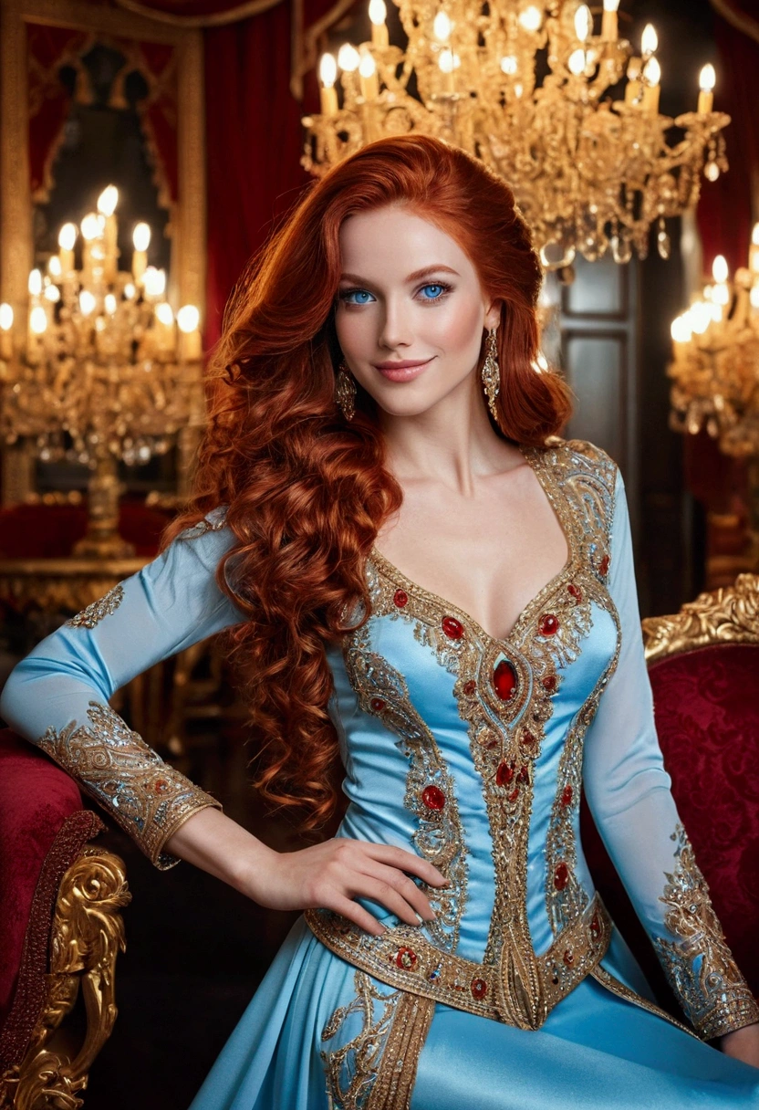 A mesmerizingly elegant woman, radiating beauty and confidence, gracefully poses for a selfie in a lavishly decorated room. Her long, flowing red hair frames a face with striking features - piercing blue eyes, flawless skin, and a captivating smile. The room's luxurious furnishings add to the opulence of the scene, with ornate furniture and intricate decor. This exquisite photograph captures the woman's allure and charm in a stunning display of high-quality imagery. Sexy girl