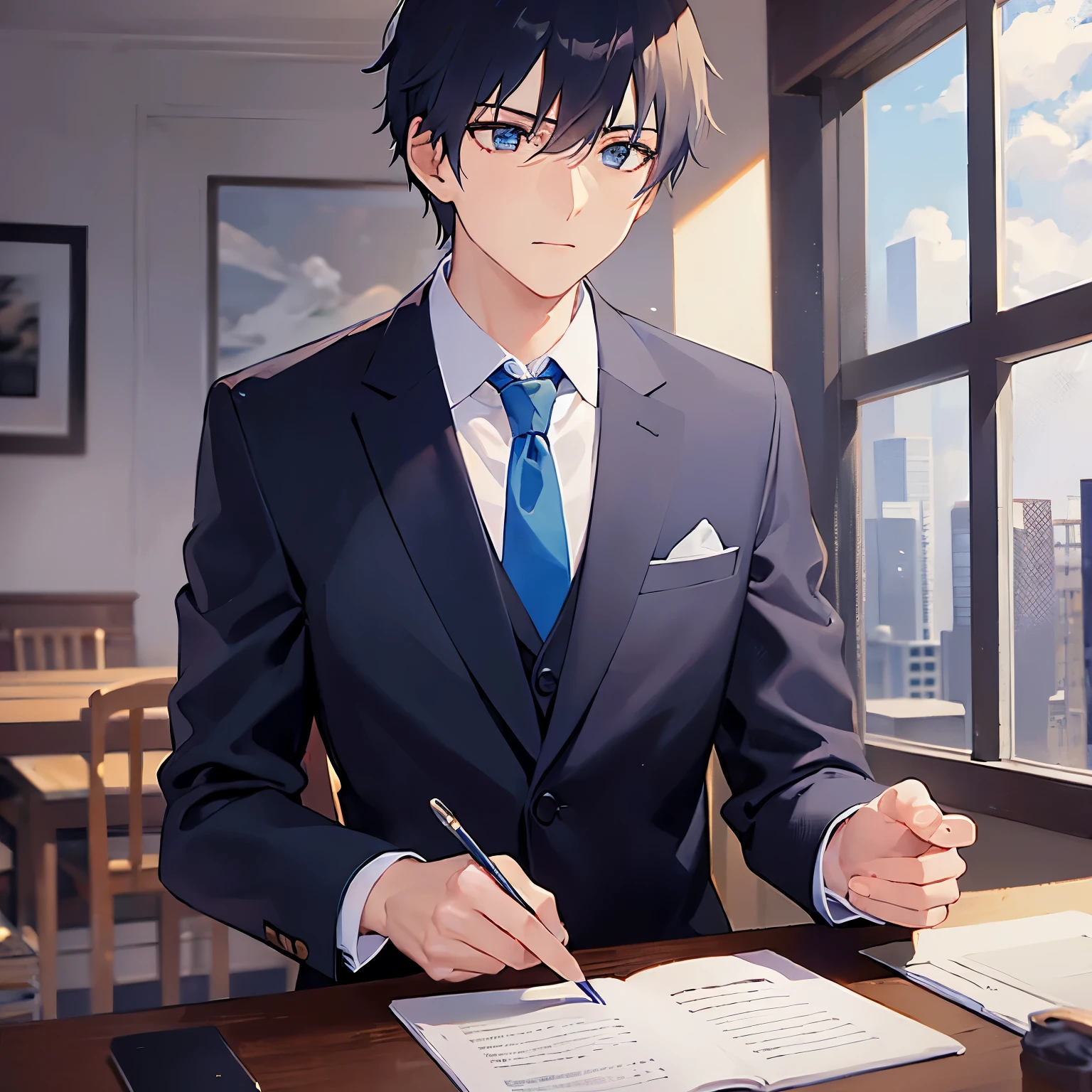 (looking away:1.5),upper body、 shiny skin, masterpiece、Highest quality、(25-year-old male:1.5) and (Black short hair) and (blue eyes) (Wearing a suit:1.5) and (Blue tie),Sitting、serious、Background is an office room、Organizing papers、(Alone:1.5)