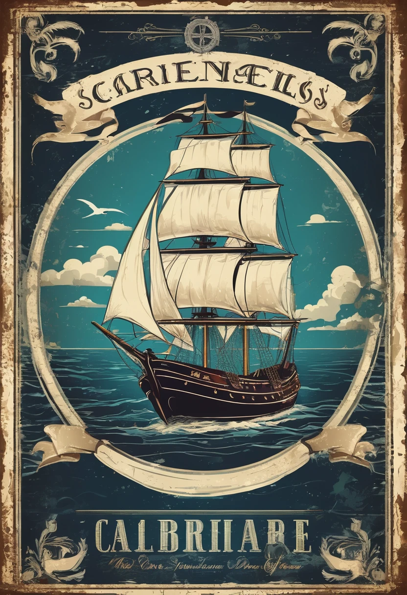 An illustration poster，Medieval retro style，Nautical theme，，Dark background，Retro shabby atmosphere，Caribbean Type