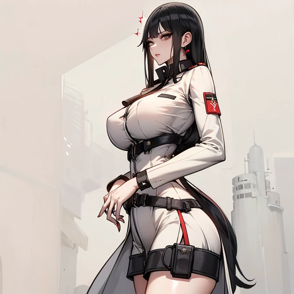 Lin Wei, a beautiful human-hybrid with striking black eyes and long black hair tied in a high ponytail, stands confidently. She looks directly at the camera with a determined and intelligent gaze. Her military uniform fits perfectly, highlighting her strong yet feminine physique. Her presence exudes strength, grace, and leadership. The background suggests a futuristic starship setting, adding to her commanding and powerful aura.