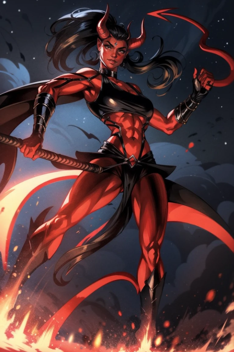 Red skin succubus tiefling, medium breasts, black horns, wings, huge tail, black leather, crop top, long flowing pelvic curtain, tall, toned, graceful, thin, long black ponytail. Action scene, whip. Dark scene, explosions, night sky.