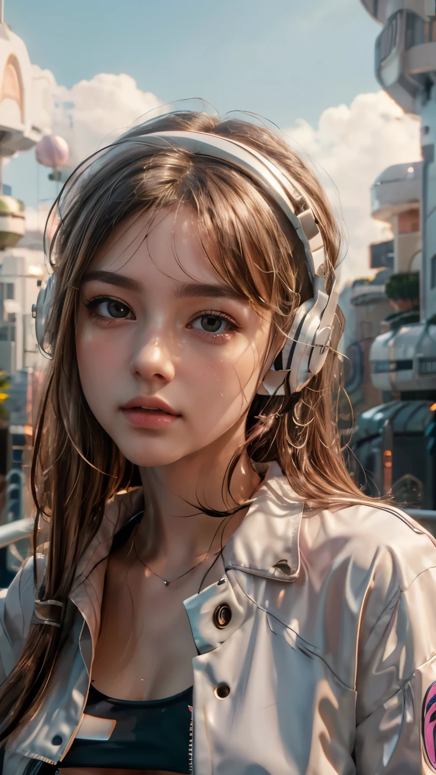 masterpiece, Highest quality, Very detailed, 8K, RAW Photos, Realistic, One Girl, alone, Rim Light, Very detailed face, (Contrasting:1.1), Shoot from the front, (head shot:1.6), Upper Body, smile, Amazingly cute young Russian girl, Droopy eyes, pale pink plump lips, Light brown straight medium hair、With bangs, Light brown thin eyebrows, Oily skin, Wet Skin, Wearing an ivory and pink cyberpunk style bikini and jacket, Put on some high-tech headphones, Medium Chest, Cyberpunk City Residential Area, thunderclouds in the sky, Midsummer