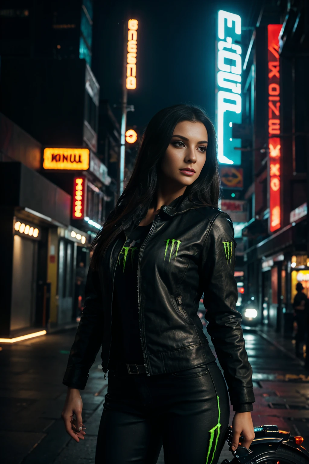 a woman standing next to a motorcycle, monster energy logo in background, detailed woman, realistic, photorealistic, 8k, highres, best quality, masterpiece, ultra-detailed, physically-based rendering, professional, vivid colors, studio lighting, sharp focus, beautiful detailed eyes, beautiful detailed lips, extremely detailed face, long eyelashes, elegant pose, dynamic composition, cinematic lighting, dystopian cyberpunk atmosphere