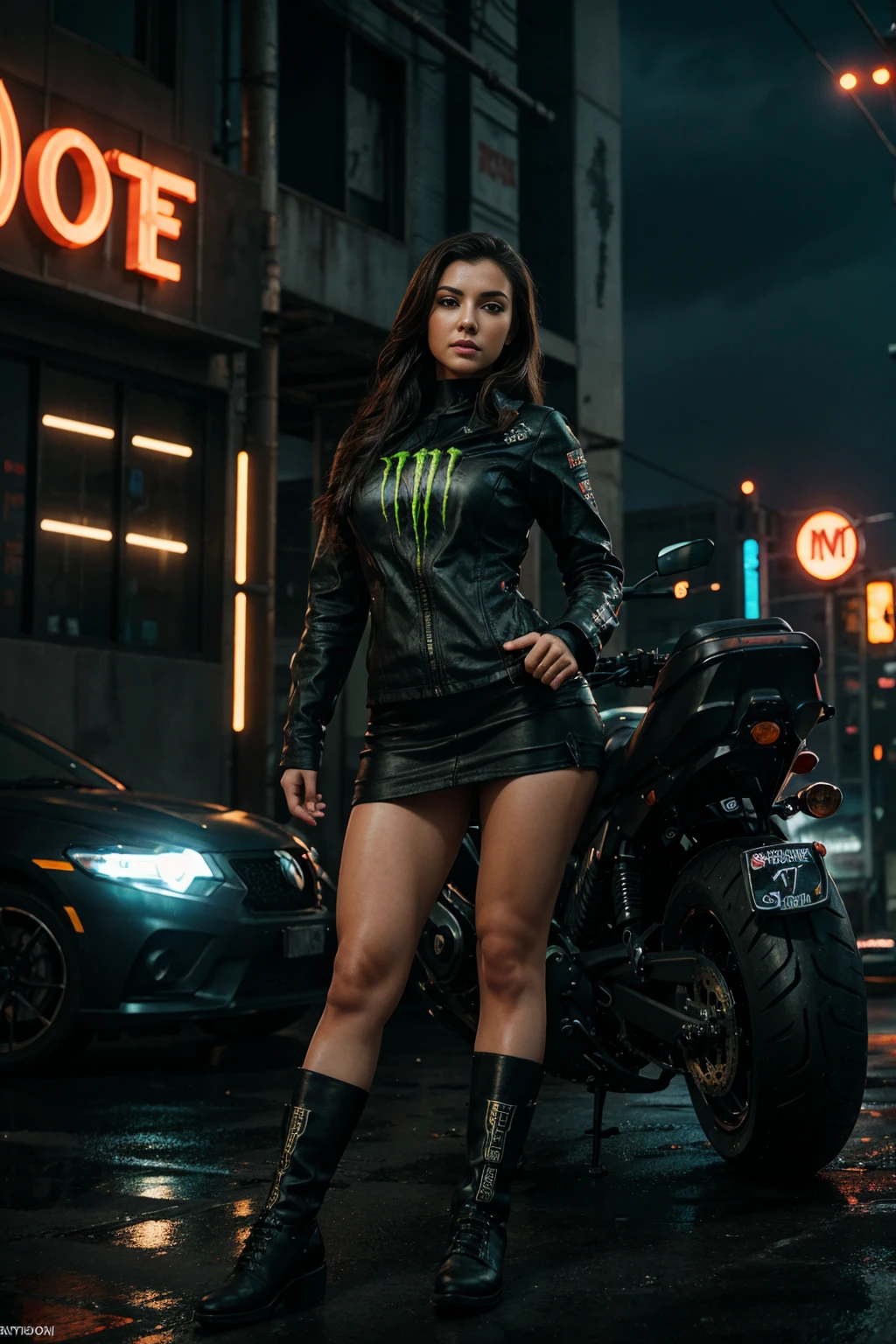 a woman standing next to a motorcycle, monster energy logo in background, detailed woman, realistic, photorealistic, 8k, highres, best quality, masterpiece, ultra-detailed, physically-based rendering, professional, vivid colors, studio lighting, sharp focus, beautiful detailed eyes, beautiful detailed lips, extremely detailed face, long eyelashes, elegant pose, dynamic composition, cinematic lighting, dystopian cyberpunk atmosphere
