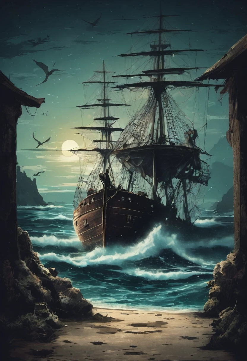 An illustration,Medieval retro style,Nautical theme,Wreck,Dark background,Retro shabby atmosphere,Caribbean Type