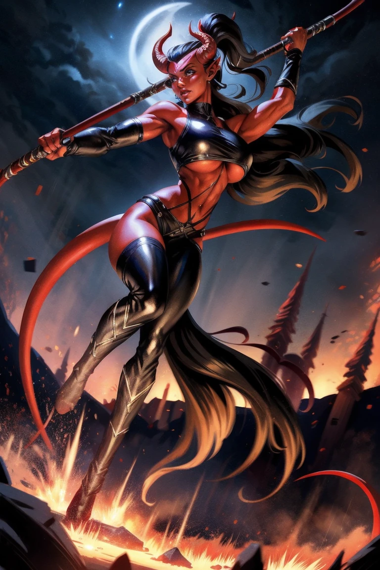 Red skin succubus tiefling, medium breasts, black horns, wings, huge tail, black leather, crop top, long flowing pelvic curtain, tall, toned, graceful, thin, long black ponytail. Action scene, whip. Dark scene, explosions, night sky.