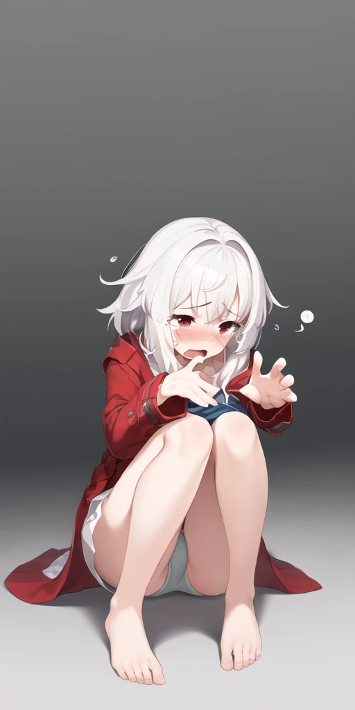 masterpiece), best quality, 1 Girl, Solitary, Clara, Collapse_Star_rail, White hair, Solid color background, permanent, whole body, barefoot,,Damaged clothes,underwear,Biye gesture,Tears,shy