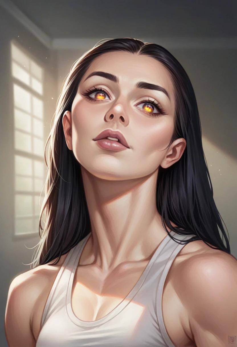 a latina woman with long black hair, pale skin, fitness, beautiful detailed eyes, beautiful detailed lips, extremely detailed eyes and face, longeyelashes, athletic body, muscular, fit, athletic posture, dynamic pose, cinematic lighting, dramatic shadows, high contrast, vibrant colors, digital painting, photorealistic, 8k, best quality, masterpiece, hyper realistic, erótica lencería