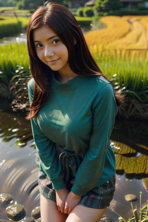 Uzumaki_Kushina, big_chest, stand, alone, Kushina_green_set, Masterpiece, best quality, detailed face, Detailed eyes, height, smile, Ghibli, view, background, (Masterpiece:1.4, best quality:1.2), cute, (beautiful eyes, Beautiful face), Anime screen capture, (height), (detailed illustration), very detailed, sunny day,
midi, look at viewer, from low,
outdoor, country view, summer rice field, The stream is shallow and narrow.,
