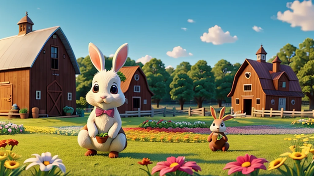 A bunny who enjoys planting flowers, with a farm and barn in the background