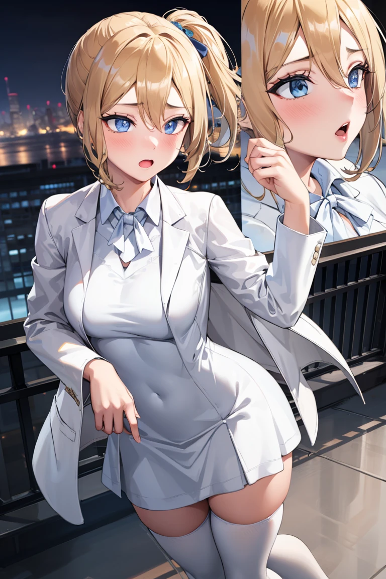 ((masterpiece)), (best quality), official art, extremely detailed CG, unity 8k wallpaper, ultra detailed, highly detailed, detailed background, vivid color, photorealistic, perfect lighting, best illumination,
1girl, solo, (blonde hair:1.4), short hair, blue eyes,   closed mouth, tsurime, expressionless, 
office lady,  long sleeves,  necktie, pencil skirt,  mini skirt, (outdoors:1.3), 
 <lora:pao:0.8>,