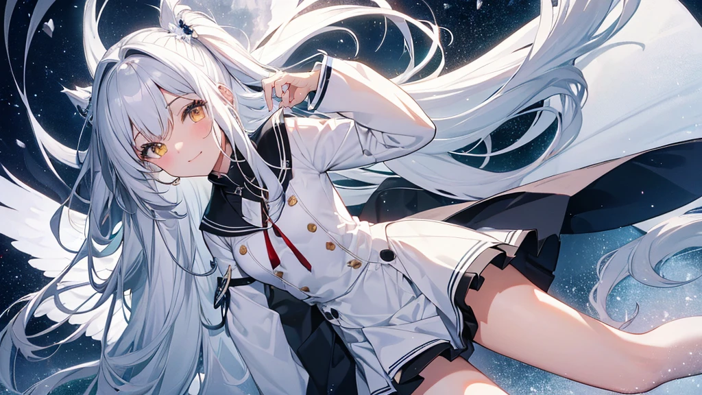 8k resolution, ((of the highest quality)), ((Masterpiece)), ((super detailed)), (very delicate and beautiful), scam a girl, Alone, gentle expression, She is very(chill out)with(calm)Appearance,gray fur, Depth of written limits., bright smile, bright yellow eyes, bright white hair, beautiful background, Long Hair - Line Art, black skirt, White uniform like a sailor suit., angel, Angel's white wings, White feathers fluttering, Eyes that shine like amber, upper eye, wonderful eyes