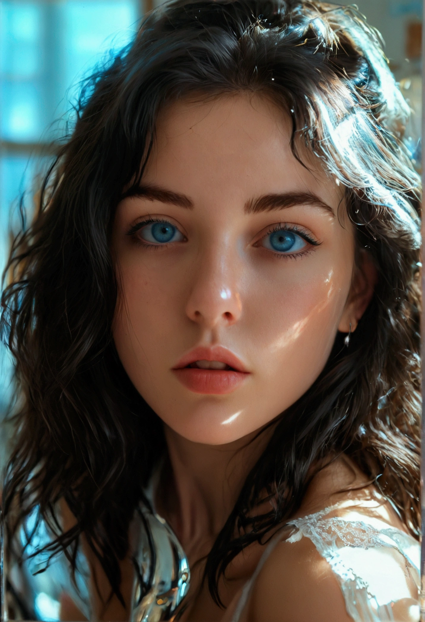 21 year old young woman big big ass big tits blue eyes black hair sexy pose in front of mirror Masterpiece, analog style, (25mmstyle:1), film-like, hyper-realistic 8k, photography realist, photography, 85 lens, realistic, real life, selfie, real life, young beautiful girl, nude, front in a mirror, in an appartment, cum, face detail, eyes detail, skin detail, showing pussy, showing big tits and big ass