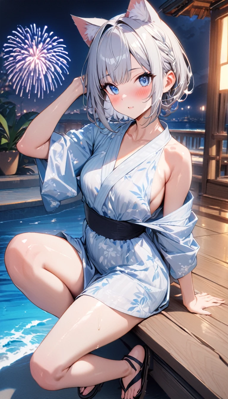 1girl、(((best quality)), ((masterpiece)), (details), masterpiece, best quality, high quality, ulutra detailed, perfect face, ((1girl, blue eyes, cat ears: 1.3 silver bob hair: 2.5,))、Shiny Hair、Glowing Skin、blush、yukata、Sandals、Small breastidsummer、Resort、whole body、firework