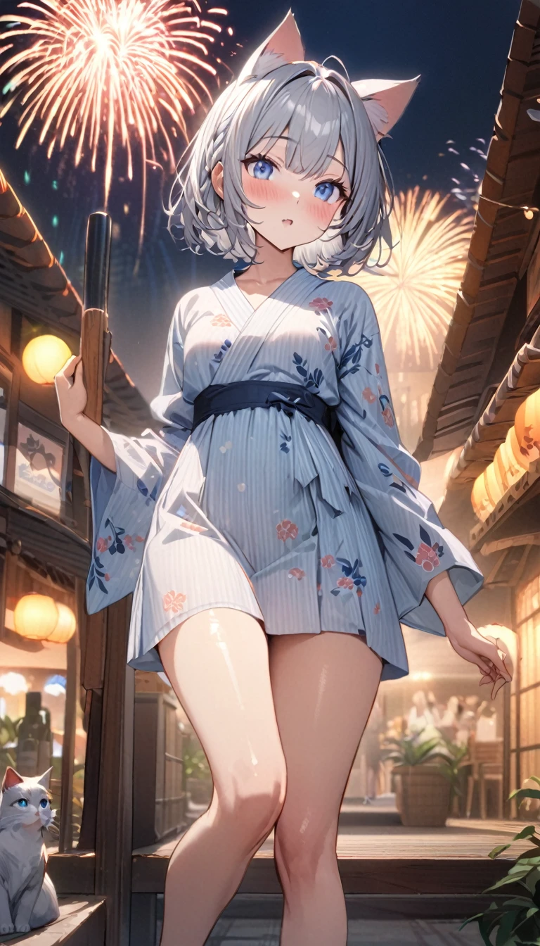 1girl、(((best quality)), ((masterpiece)), (details), masterpiece, best quality, high quality, ulutra detailed, perfect face, ((1girl, blue eyes, cat ears: 1.3 silver bob hair: 2.5,))、Shiny Hair、Glowing Skin、blush、yukata、Sandals、Small breastidsummer、Resort、whole body、firework
