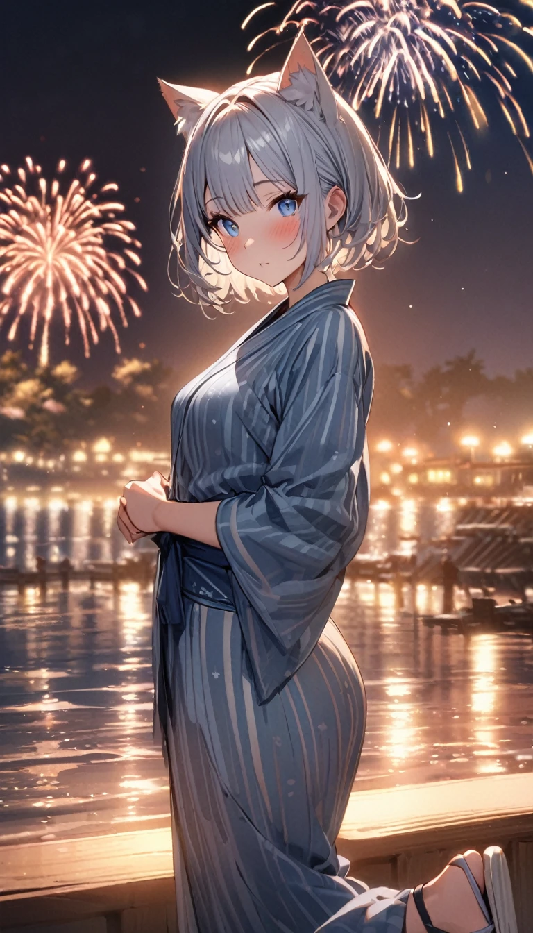 1girl、(((best quality)), ((masterpiece)), (details), masterpiece, best quality, high quality, ulutra detailed, perfect face, ((1girl, blue eyes, cat ears: 1.3 silver bob hair: 2.5,))、Shiny Hair、Glowing Skin、blush、yukata、Sandals、Small breastidsummer、Resort、whole body、firework