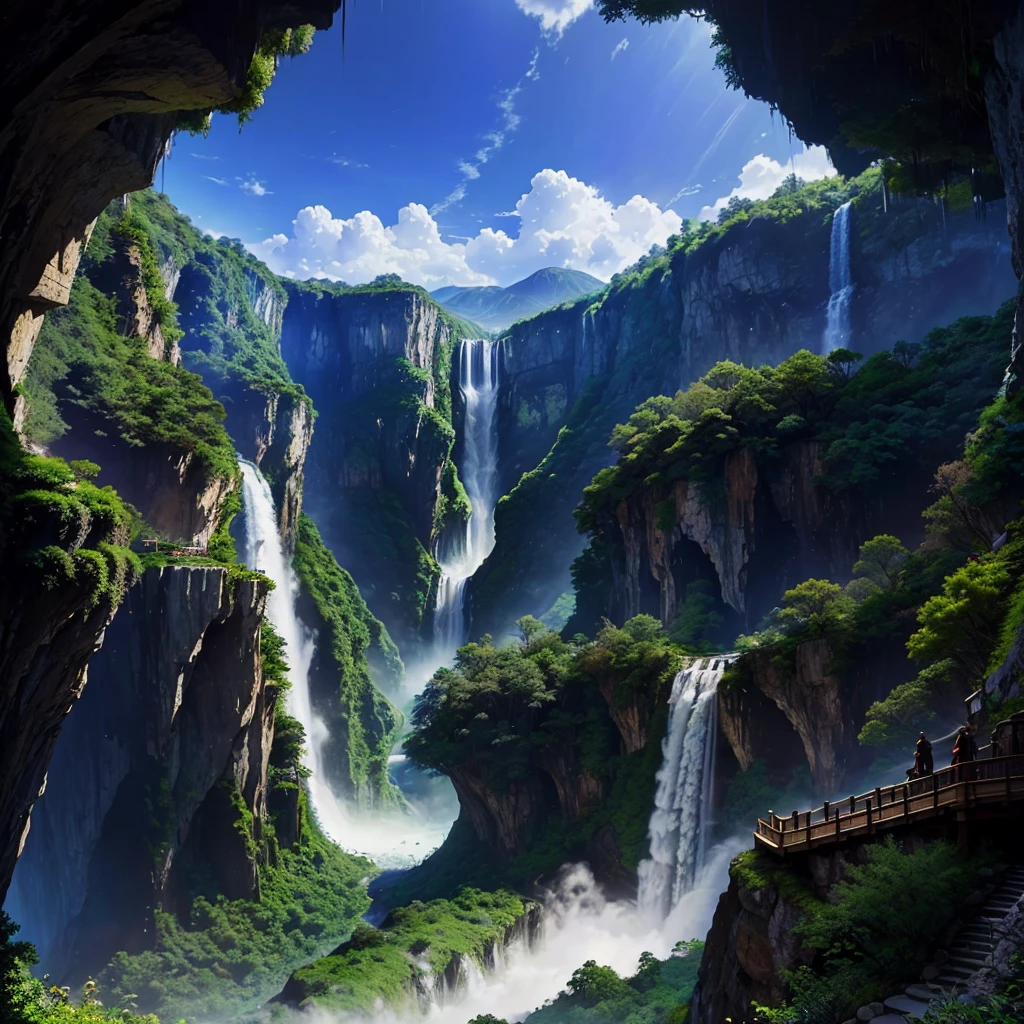 mysteriousな超巨大な森のトンネル，Different world，Best Quality，8K，mysterious，Fantasy，Different space，Super huge waterfall，Nature，romantic，A world beyond imagination，Dream world，Huge river，masterpiece，最高masterpiece，perfection，
