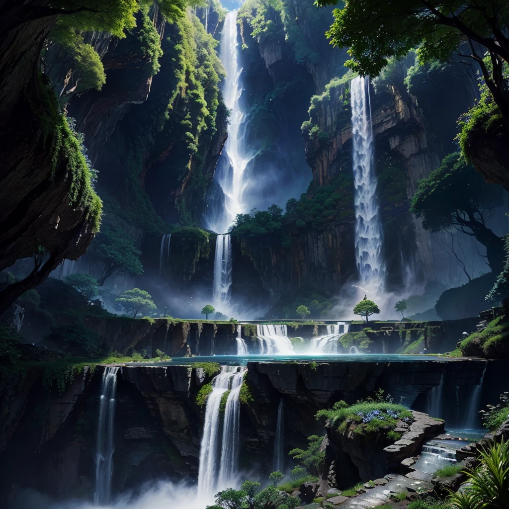 mysteriousな超巨大な森のトンネル,Different world,Best Quality,8K,mysterious,Fantasy,Different space,Super huge waterfall,Nature,romantic,A world beyond imagination,Dream world,Huge river,masterpiece,最高masterpiece,perfection,