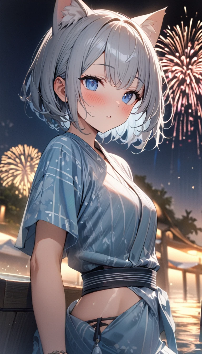 1girl、(((best quality)), ((masterpiece)), (details), masterpiece, best quality, high quality, ulutra detailed, perfect face, ((1girl, blue eyes, cat ears: 1.3 silver bob hair: 2.5,))、Shiny Hair、Glowing Skin、blush、yukata、Sandals、Small idsummer、Resort、whole body、firework