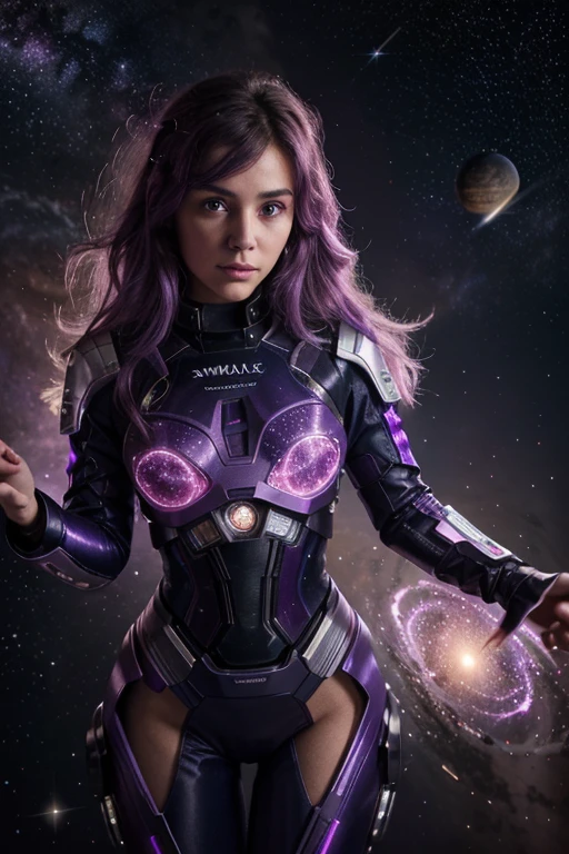 "Our character is nude and is immersed in a swirling galaxy of purples and indigos. She's floating in what appears to be outer space, her hair and cape billowing as if in zero gravity. Her eyes are wide with wonder and excitement, reflecting the stars around her. She's reaching out to touch glowing purple crystals and shimmering cosmic dust. The background is a tapestry of deep space: spiral galaxies, nebulae, and shooting stars, all in various shades of purple. Holographic screens float around her, displaying rapidly changing scientific formulas and space exploration data. Tiny robots or drones with purple lights orbit around her, adding to the high-tech, exciting atmosphere. Bursts of energy in lighter shades of lavender and magenta emanate from her fingertips, suggesting she's interacting with or controlling this cosmic environment. The overall scene captures a sense of discovery, awe, and the thrill of exploring the unknown."