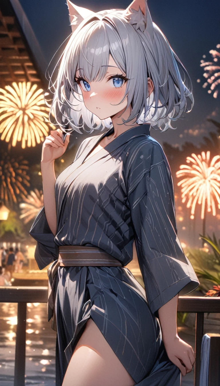 1girl、(((best quality)), ((masterpiece)), (details), masterpiece, best quality, high quality, ulutra detailed, perfect face, ((1girl, blue eyes, cat ears: 1.3 silver bob hair: 2.5,))、Shiny Hair、Glowing Skin、blush、yukata、Sandals、Small breastidsummer、Resort、whole body、firework