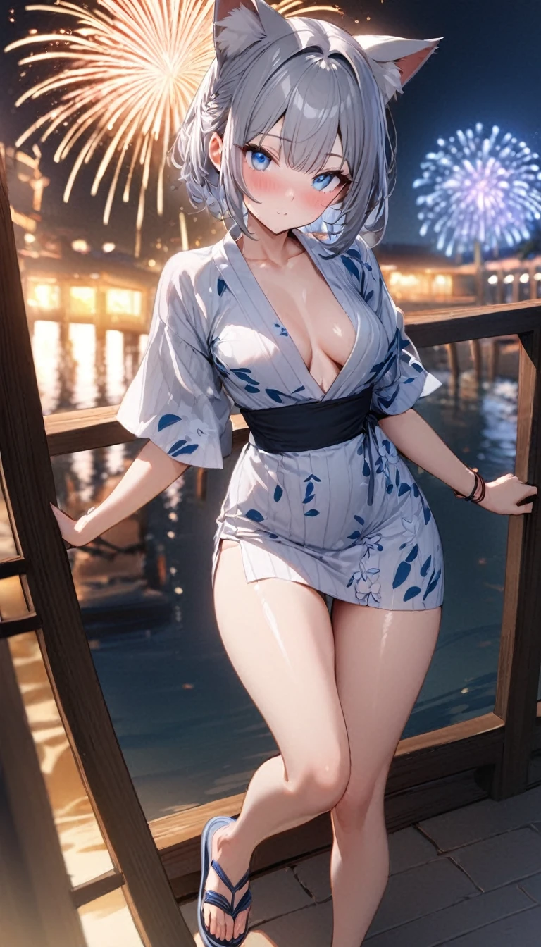 1girl、(((best quality)), ((masterpiece)), (details), masterpiece, best quality, high quality, ulutra detailed, perfect face, ((1girl, blue eyes, cat ears: 1.3 silver bob hair: 2.5,))、Shiny Hair、Glowing Skin、blush、yukata、Sandals、Small breastidsummer、Resort、whole body、firework