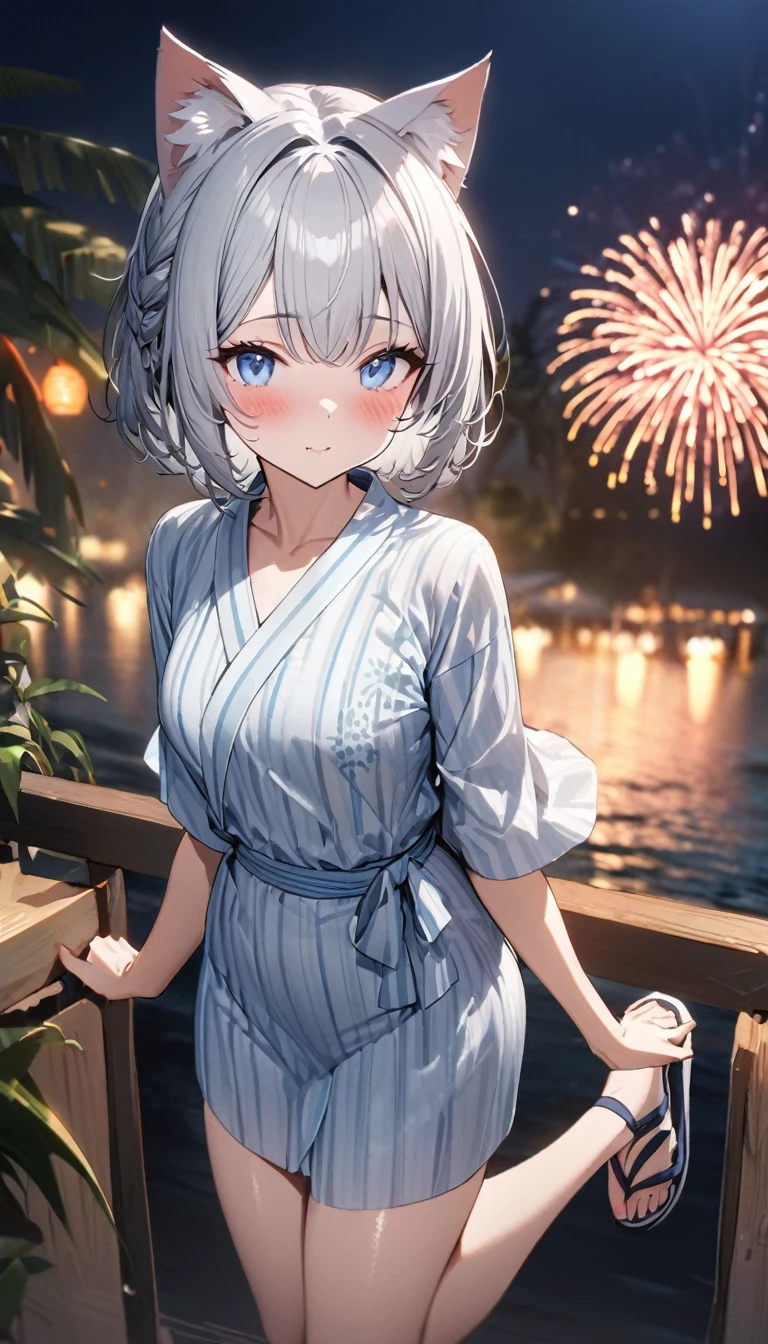 1girl、(((best quality)), ((masterpiece)), (details), masterpiece, best quality, high quality, ulutra detailed, perfect face, ((1girl, blue eyes, cat ears: 1.3 silver bob hair: 2.5,))、Shiny Hair、Glowing Skin、blush、yukata、Sandals、Small breastidsummer、Resort、whole body、firework