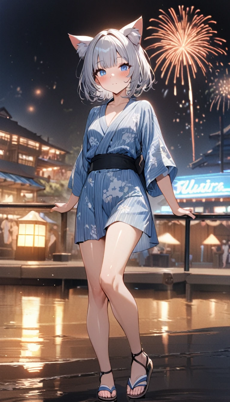 1girl、(((best quality)), ((masterpiece)), (details), masterpiece, best quality, high quality, ulutra detailed, perfect face, ((1girl, blue eyes, cat ears: 1.3 silver bob hair: 2.5,))、Shiny Hair、Glowing Skin、blush、yukata、Sandals、Small breastidsummer、Resort、whole body、firework