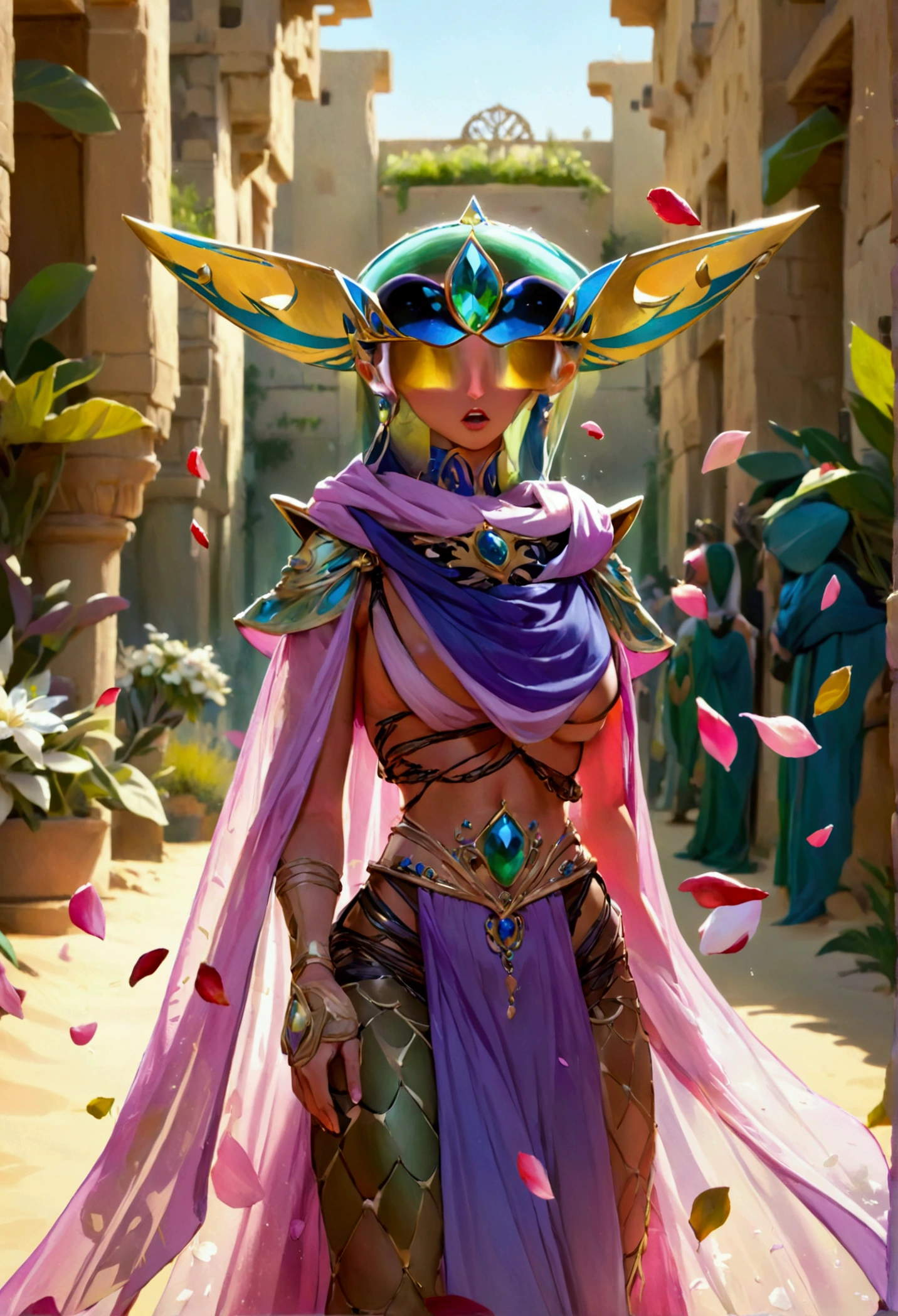 A huttese female (huge body, blue green body tone fading to light tan on belly, broad mouth, royal tiara, sheer colorful cloak) riding on a hover barge, desert, slaves tossing flower petals
