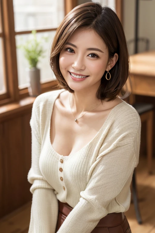 8K, Highest quality, masterpiece, Realistic, Realistic, Very detailed, Natural light, , Sweater featuring an open neckline and details, Her cleavage is visible, 1 Japanese female, 45 years old, Slightly brown-haired, short hair, , Long knit in white、V-neck shirt, (Leaning forward to look into the floor camera), Detailed bending forward, A refreshing smile, Friendly smile, Happy emotion smiley faces, Very detailedな顔と肌, Very detailedな目, Very detailedな顔と肌, Very detailedな笑顔,