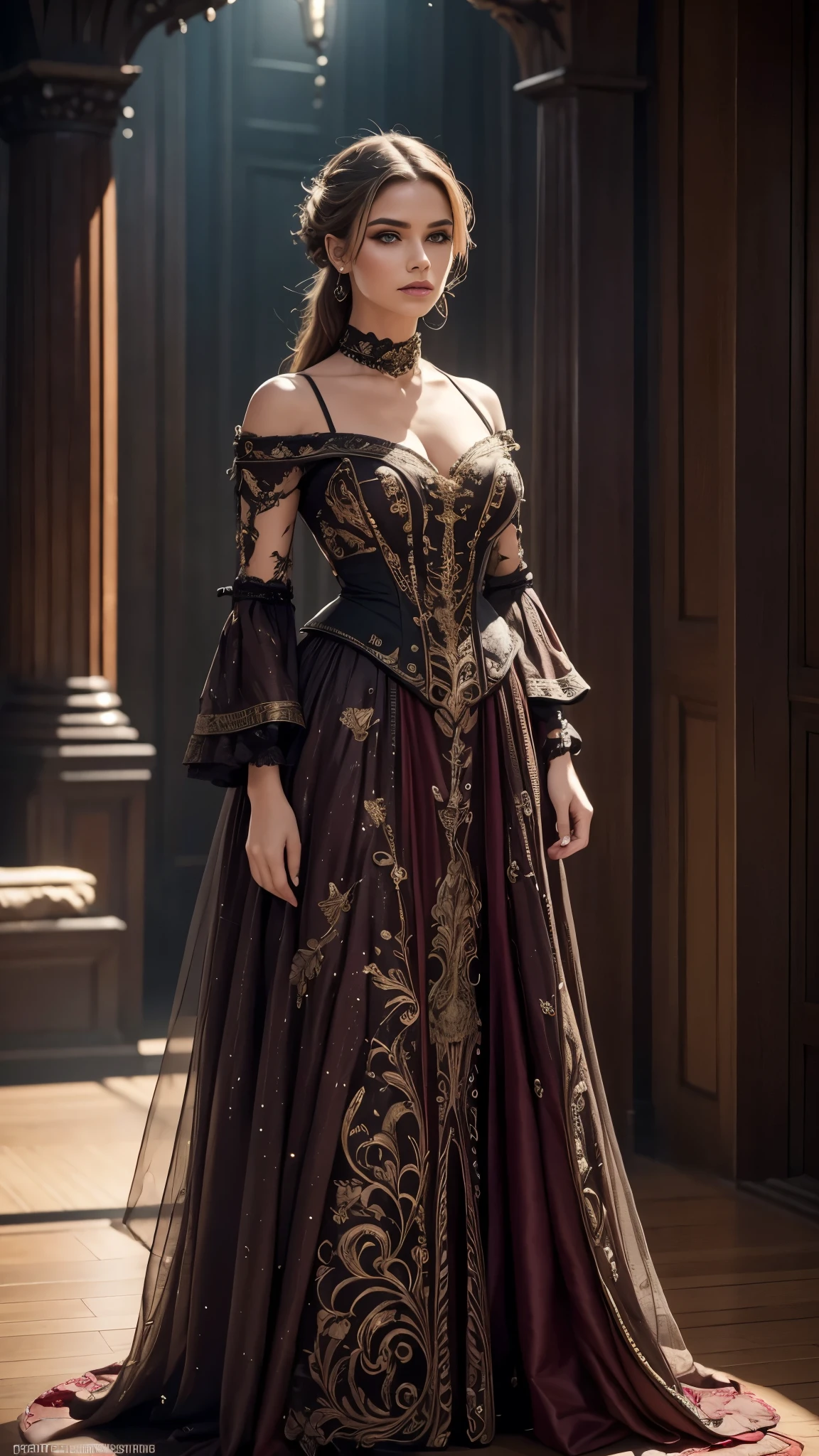 a woman in 1880s dress, a woman in 1980s outfit, a woman in 2180s futuristic outfit, masterpiece, highly detailed, photorealistic, cinematic lighting, dramatic lighting, intricate details, fashion illustration, oil painting, studio lighting, ultra-detailed