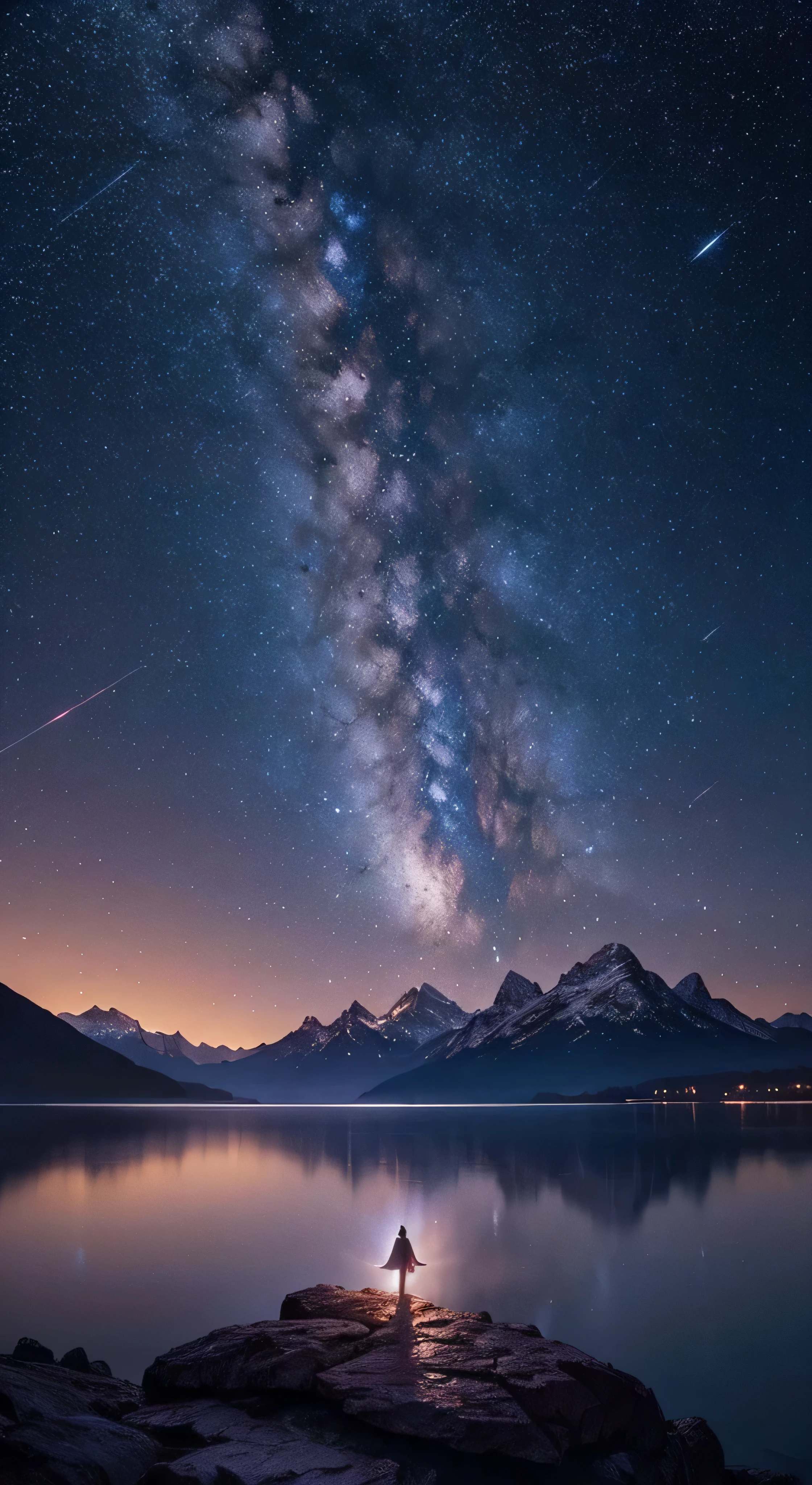 Starry Sky with Mountains and Lake, Jessica Rossier, Inspired by Jessica Rossier, Jessica Rossier Fantasy Art, Concept Art Magic Highlights, Official Artwork, Dream Painting, Ethereal Realm, Atmospheric artwork, dreamy matte paintings, serene endless stars inspired by Ted Nasmith, moonlit starry environments, epic music album covers.