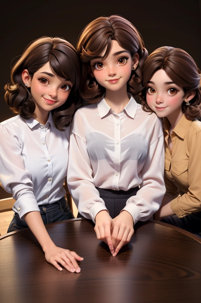 3 girls,Different hairstyles,Different clothes,Smile,Sitting at a square table,Main Part, best quality, First grade, Dark brown eyes, Clear skin, Brown hair, curls, Medium-length hair, Toy, jewelry, , Long shirt, Simple background, Solitary, Upper Body