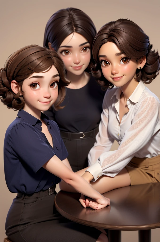 3 girls，Different hairstyles，Different clothes，Smile，Sitting at a square table，Main Part, best quality, First grade, Dark brown eyes, Clear skin, Brown hair, curls, Medium-length hair, Toy, jewelry, , Long shirt, Simple background, Solitary, Upper Body