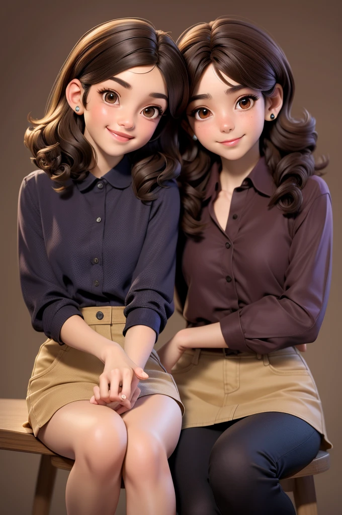 3 girls,Different hairstyles,Different clothes,Smile,Sitting at a square table,Main Part, best quality, First grade, Dark brown eyes, Clear skin, Brown hair, curls, Medium-length hair, Toy, jewelry, , Long shirt, Simple background, Solitary, Upper Body