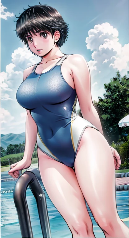 A boyish, short-haired, busty, beautiful-legged woman is standing by the pool in a competitive swimsuit.。Angle from behind。A middle-aged man stands facing the camera at a beautiful woman。