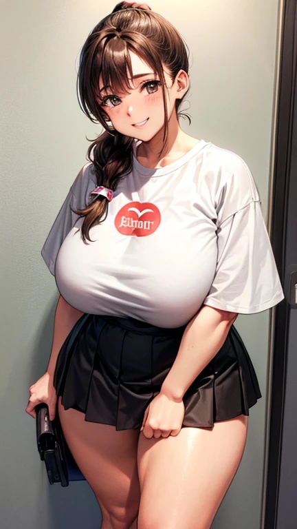 2 female,22 years old,brown hair,beautiful low ponytail hairstyle, (miniskirt and large white shirt, (double huge breasted,under bust:1), short sleeve, natural smile,,(slouch),(reisalin stout),(wide muscles:1)