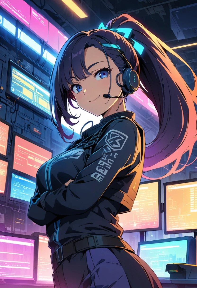 (Highest quality:1.2, Very detailed, Anime Style, Digital Painting, Studio Anime, Ultra-high resolution, High Contrast, masterpiece:1.2, Highest quality, Best aesthetics), 1 female, Neon City, Operation Roomの椅子に座っているピンク髪の女性, Long Hair, ponytail, Cyberpunk Anime, Cyberpunk Animeの女の子, Combat Uniform, Combat Uniform, Neon Effect, Cyber City, headset, goggles, Detailed communication equipment, Operation Room, Complex communication network, As shown on the display々information, Woman Turning Around, smile, Bright color palette, Studio Lighting, Wide-angle lens.、no lineart