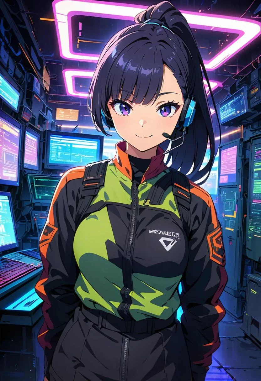 (Highest quality:1.2, Very detailed, Anime Style, Digital Painting, Studio Anime, Ultra-high resolution, High Contrast, masterpiece:1.2, Highest quality, Best aesthetics), 1 female, Neon City, Operation Roomの椅子に座っているピンク髪の女性, Long Hair, ponytail, Cyberpunk Anime, Cyberpunk Animeの女の子, Combat Uniform, Combat Uniform, Neon Effect, Cyber City, headset, goggles, Detailed communication equipment, Operation Room, Complex communication network, As shown on the display々information, Woman Turning Around, smile, Bright color palette, Studio Lighting, Wide-angle lens.、no lineart
