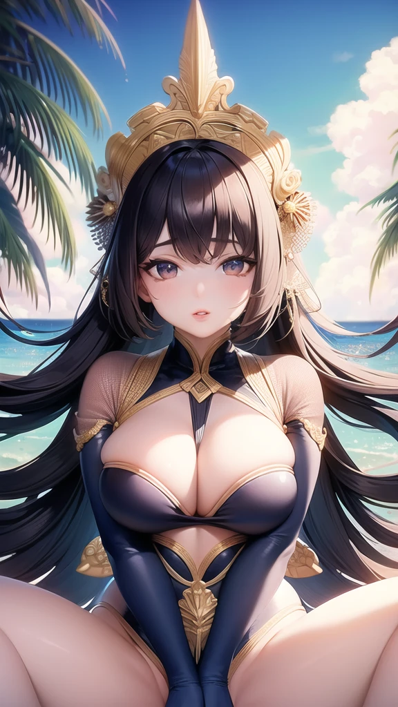 (Highest quality), (16k), (Very detail), lovely girl, slanted eyes, fleshy lips, Super big breasts and voluptuous body, Thin and small swimsuits
, Precisely drawn background, Natural light and shadow
