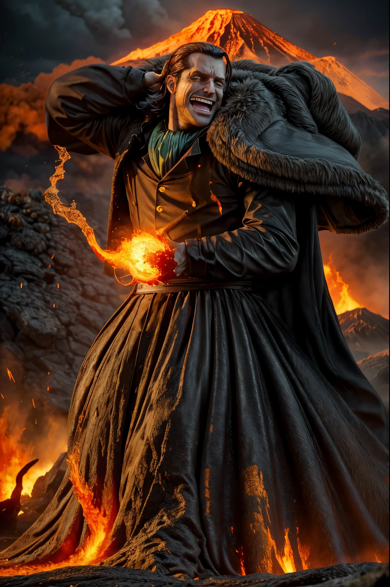 masterpiece, best quality, extremely detailed, hyperrealistic, photorealistic, a cool 40s man, ultra detailed face:1.2, fur-trimmed coat, scarf around the neck, his left hand is a golden pirate hook:1.1, laughing, artistic jump, dynamic angle, volcanic island, giant volcano, smoke rising up to the sky, magma raging, rimson lava flowing, fiery glow illuminating the surroundings, ominous atmosphere