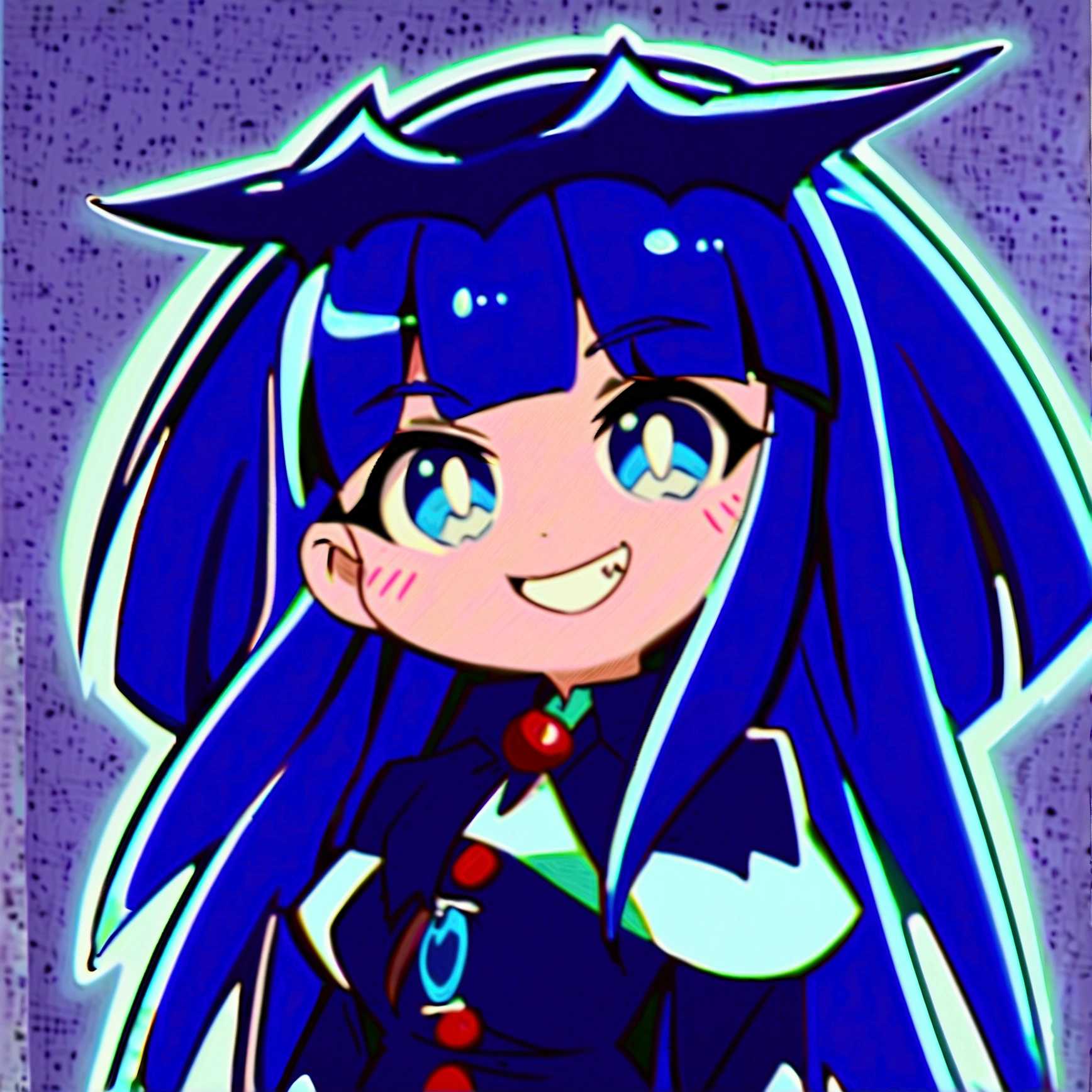 Close-up of a cartoon character with blue hair and blue outfit, anime moe artstyle, 2D anime style, [[[[grinning evilly]]]], , cel - shaded art style, I&#39;ll do fanart too, nasty grin, hero 2d fanart art, chibi, vampire