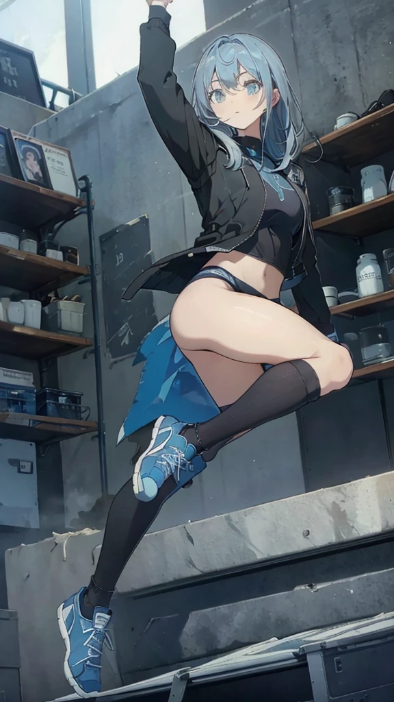 Blue delicate eyes, ,sports shoes,Black tights,Sports jacket,Hip-wrapped pants