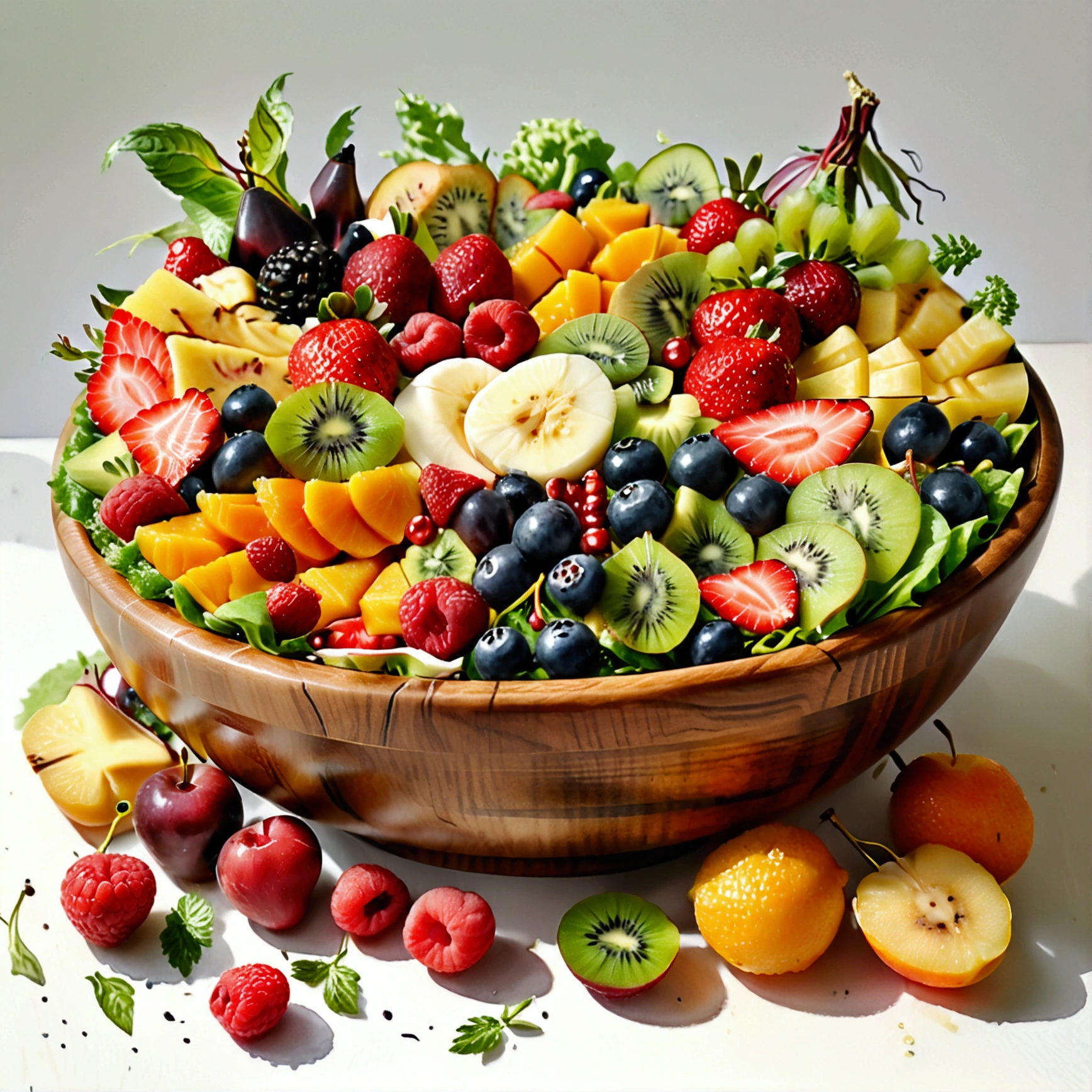 There is bowl of salad made of different fruit , fresh and creamy, served in fancy wooden bowl, illustration, baking ingredients, isolated with solid white background, surrounded with negative space, centered composition, 8k, highest detailed painting, very precise line, Isolated, clear solid white background, perspective angle of view, ((watercolor:1)), (lora:add-detail-xl:1), (masterpiece), (best quality), no bread on the floor, washed out color